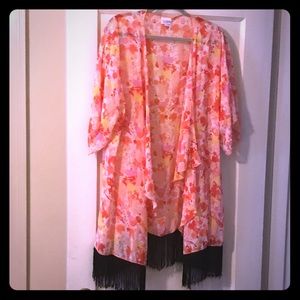 LuLaRoe Orange and Pink Kimono with Black Fringe